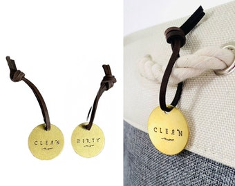 Clean & Dirty Laundry Labels | Set of 2 Brass Metal Tags with Leather Strings and Chain | Hand-Stamped Organization | Decor | Laundry Room