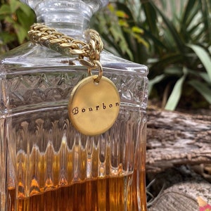 Bourbon Liquor Decanter Tag | 1.25" Hand-Stamped Thick High Quality Brass Label | Smooth or Hammered | Gold Barware Wedding Gift for Him