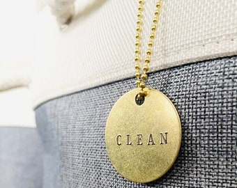 Clean & Dirty Laundry Minimalist Labels | Set of 2 Brass Metal Tags Leather Strings/Chain | Hand-Stamped Organization | Decor | Laundry Room