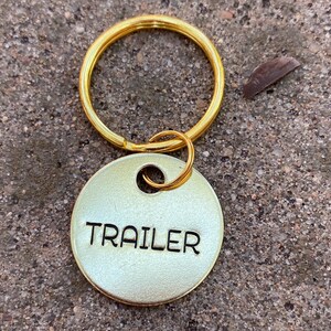 Trailer Key Label Keychains - All Caps Identifier Tags Key Organization - Key ID Fobs 100% Brass Gold Metal Hand-Stamped Vacation Rental BnB