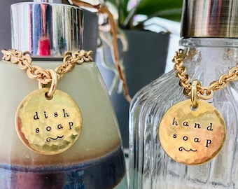 THICK Dish & Hand Soap Dispenser Labels | Hand-Stamped Highest Quality Brass | Gold-Plated Chain | Bathroom Kitchen Organization | Gift