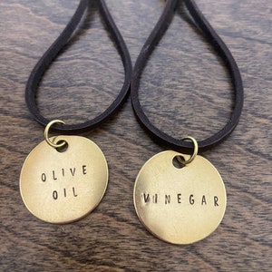 Olive Oil & Vinegar Dispenser Bottle Labels Set of 2, Hand-Stamped Brass Name Tags on Leather String, Gold Color, Kitchen Organization, Gift