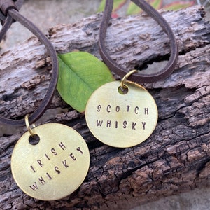 Custom Liquor Decanter Tags on Leather String | Hand-Stamped Personalized Labels | Barware Wedding Party | Gifts for Him | Gold/Silver-Tone