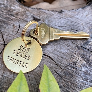 Custom Address Keychain - Hand Stamped Gold Colored Brass Key Tag - Label Your Apartment, House, Vacation House, Rental Property Air BnB