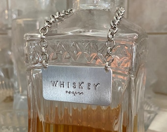 Custom Decanter Tags in Silver Color | Handmade / Hand Stamped | Metal Rectangle Aluminum on Metal Chain | Customizable Liquor Bar Labels