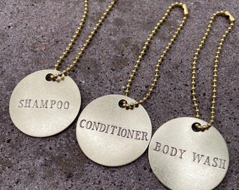 Shampoo Conditioner Body Wash Shower Dispenser Labels | Hand-Stamped Brass | Round Brass | Bathroom Organization | Gift Idea Housewarming