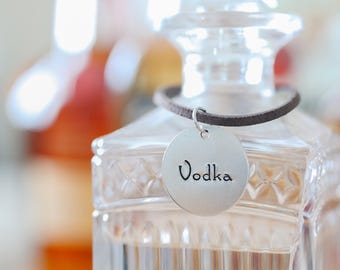 Individual Liquor Decanter Tags | Hand-Stamped Aluminum Silver Color Round Labels | Whiskey, Bourbon, Scotch, Tequila, Vodka, Rum, Gin