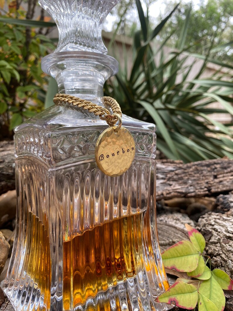 Bourbon Liquor Decanter Tag 1.25 Hand-Stamped Thick High Quality Brass Label Smooth or Hammered Gold Barware Wedding Gift for Him image 6