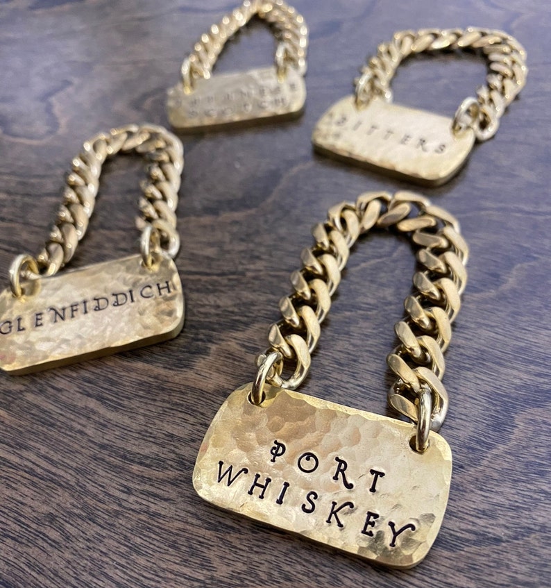 Liquor Decanter Tags Customizable Handstamped Hammered Thick Brass