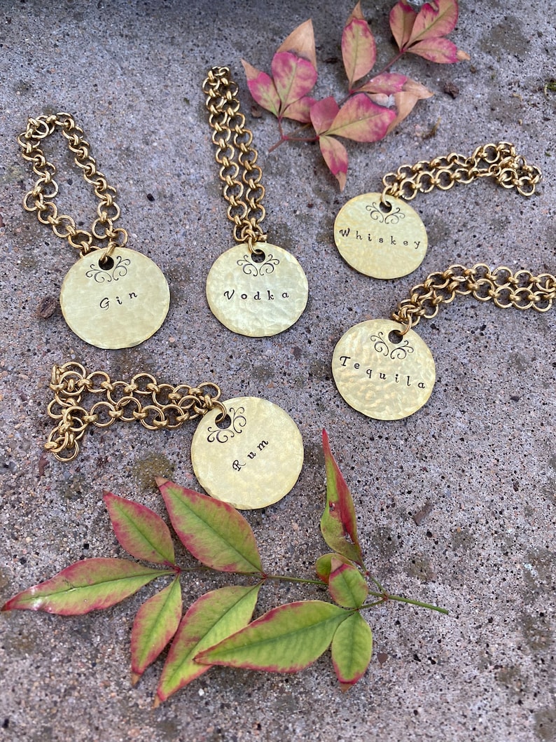 Liquor Decanter Tags Customizable Sets Baroque Handstamped Hammered