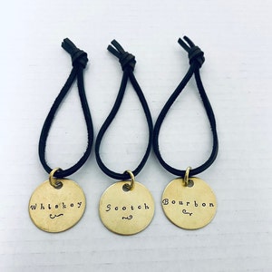 Set of 3 Liquor Bottle Decanter Tags | Whiskey Lovers | Hand-Stamped Brass Round Spirits Labels | Barware Wedding Gift Party | Gifts for Him