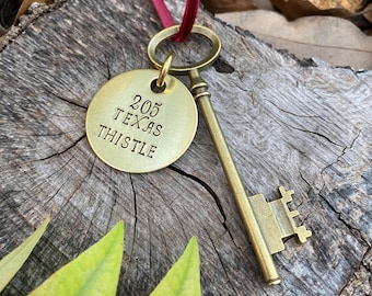 New House Ornament - Hand Stamped Address - Hanging Brass Key with New Home Address - Welcome Home Present - Moving Away Gift - Christmas