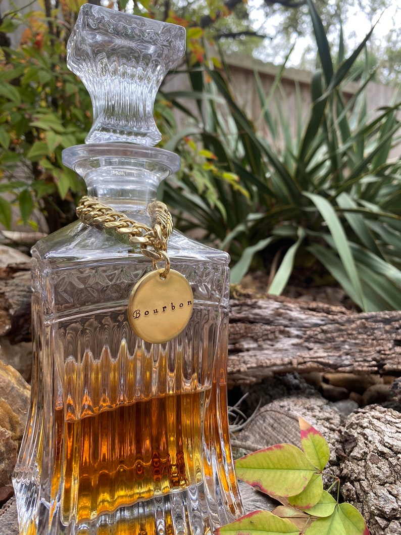 Bourbon Liquor Decanter Tag 1.25 Hand-Stamped Thick High Quality Brass Label Smooth or Hammered Gold Barware Wedding Gift for Him image 3