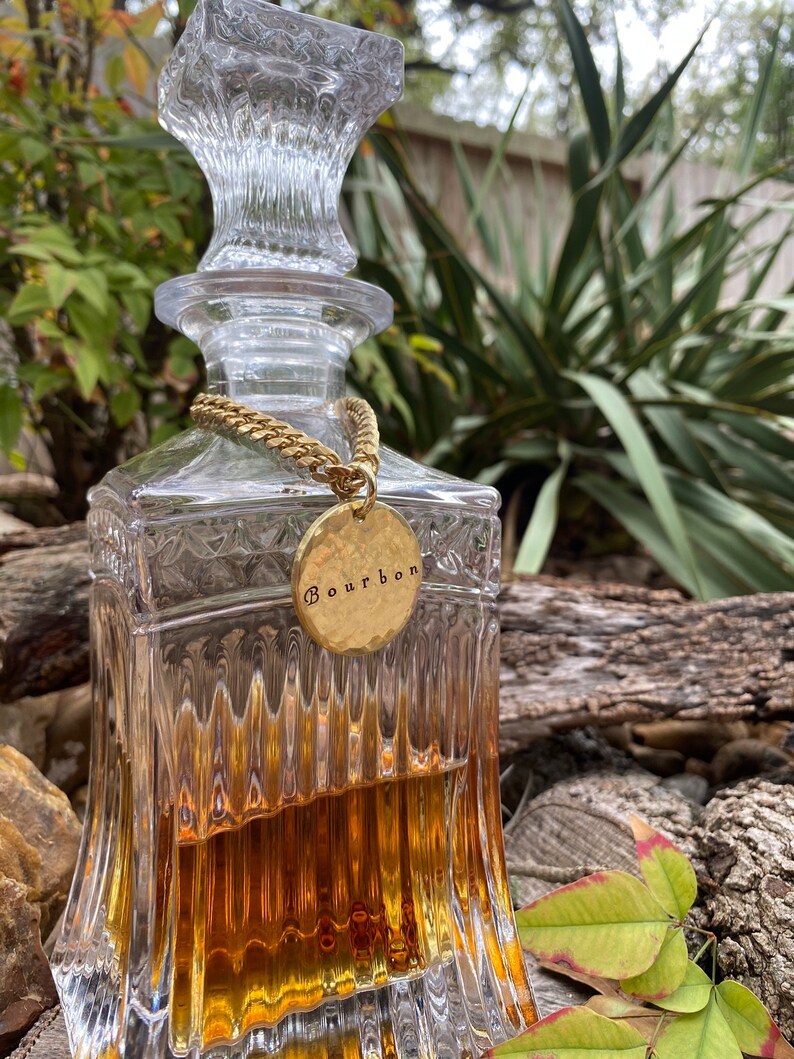 Bourbon Liquor Decanter Tag 1.25 Hand-Stamped Thick High Quality Brass Label Smooth or Hammered Gold Barware Wedding Gift for Him image 5