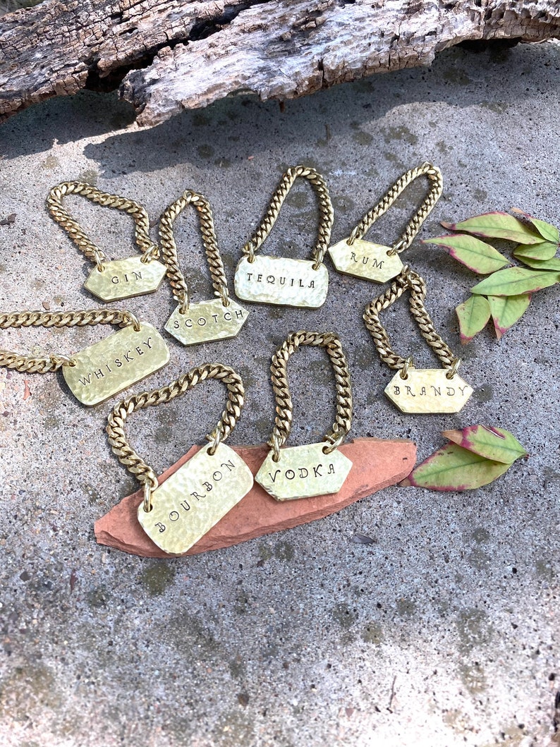 Chain Label Liquor Decanter Labels Tags- Set of 8 Thick Heavy Hand-stamped Hammered ...