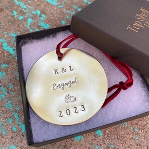 Engagement Ornament - First Christmas Married or Engaged - Dated with Initials & Rings - Newlyweds, Couples, Wedding - Brass Gold Colored