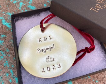 Engagement Ornament - First Christmas Married or Engaged - Dated with Initials & Rings - Newlyweds, Couples, Wedding - Brass Gold Colored