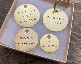 Custom Key Tags - Text on Both Sides - 100% Brass - Hand Stamped - Label Your Things - Keychain Identifier Markers - Shed, Garage, Spare