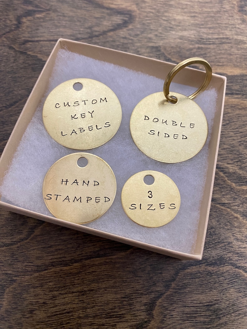 Custom Key Tags Text on Both Sides 100 Brass Hand Stamped Label Your