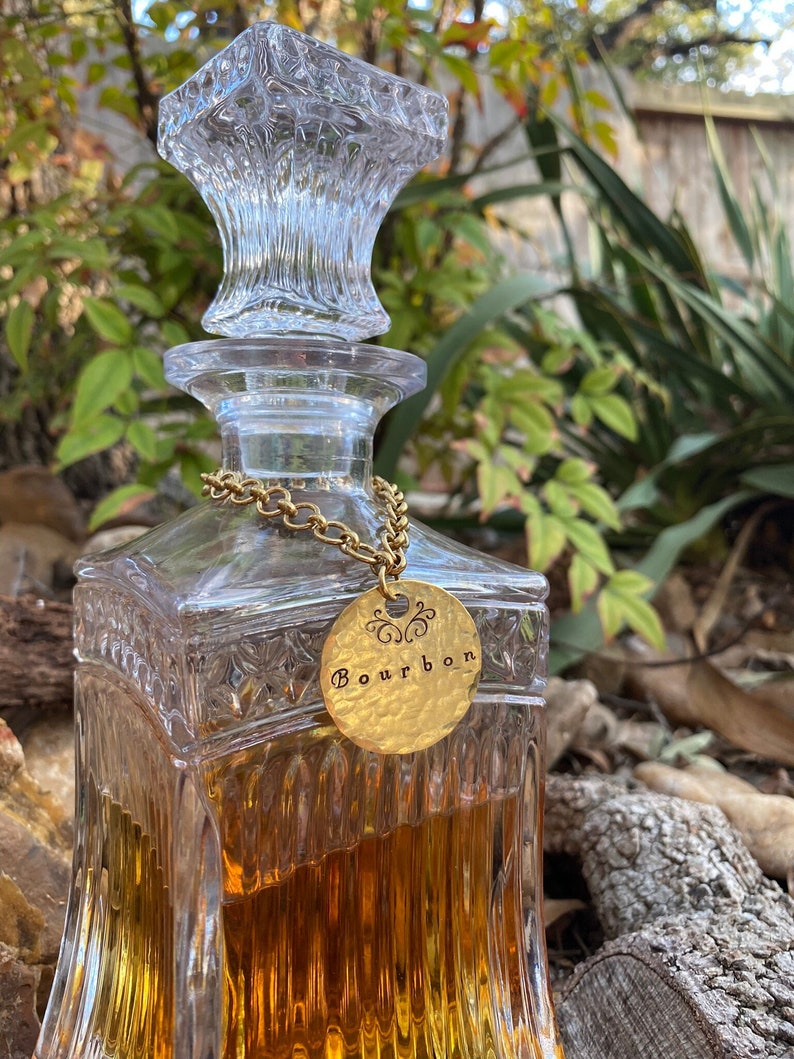 Liquor Decanter Tags Customizable Sets Baroque Handstamped Hammered