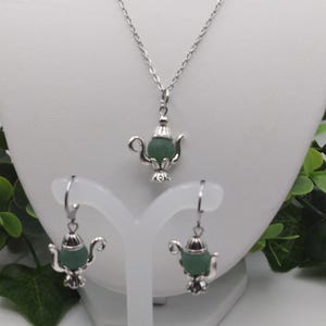 Dainty Green Adventurine Gemstone Tea Pot Pendant Necklace and Earrings Set Stainless Steel Nickel Free Enchanting Tea Party 17" Tea Pot