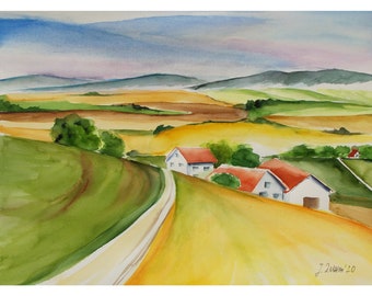 Watercolor Painting, Landscape in Bavaria, Germany,