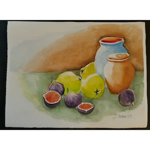Natura morta ad acquerello, natura morta di frutta, mele cotogne e fichi,