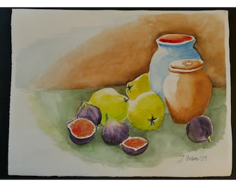 Still Life Watercolor, Quinces, Figs, Mediterranean Fruits