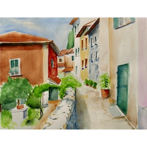 Original Watercolor Painting, Italian Village, Cityscape Italy