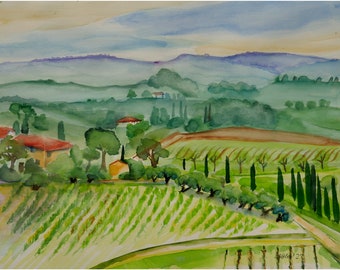 Originalaquarell, Chianti Region, Frühling, Toskana, Italien