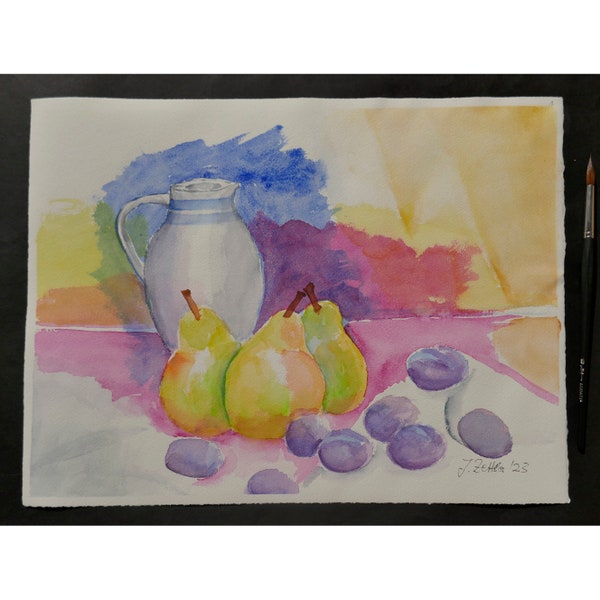 Aquarelle nature morte, abstraite, poires et prunes, originale signée