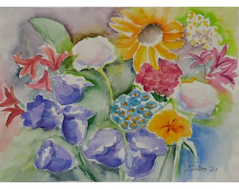 Watercolor Painting of Composition of Blossoms with Blue Bells and more Flowers