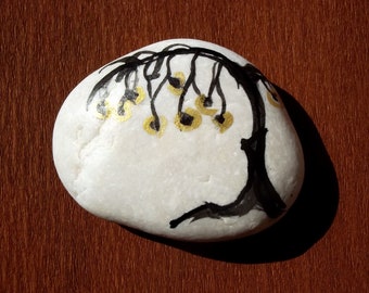 Painted Stone, Tree on  River Stone with Golden Apples, Knick-Knack