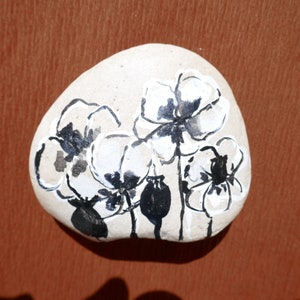 Painted Riverstone, Paperweight, White Poppy, Large Stone,