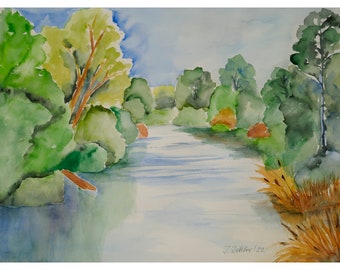 Watercolor Painting, River Landscape, River Rodach, Germany,
