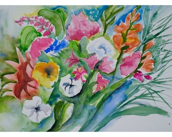 Watercolor Painting, Bouquet of Flowers, Original Signed