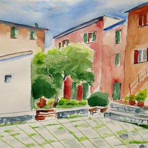 Original Watercolor Painting, Italien Village, Montemarcello, Tuscany,  Italy