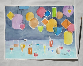 Watercolor Painting, Cocktail Lounge, Semi-Abstract Art, Lanterns, Cocktails