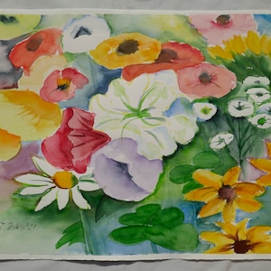 Watercolor Painting, Flowers, Colorful Art, Original signed. image 2