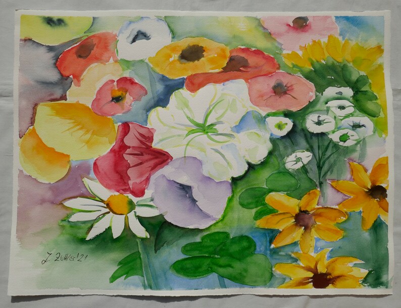 Watercolor Painting, Flowers, Colorful Art, Original signed. image 2