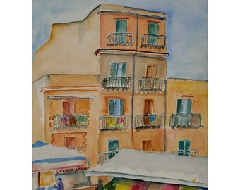 Original Watercolor, Market Scenery, Palermo, Italy,