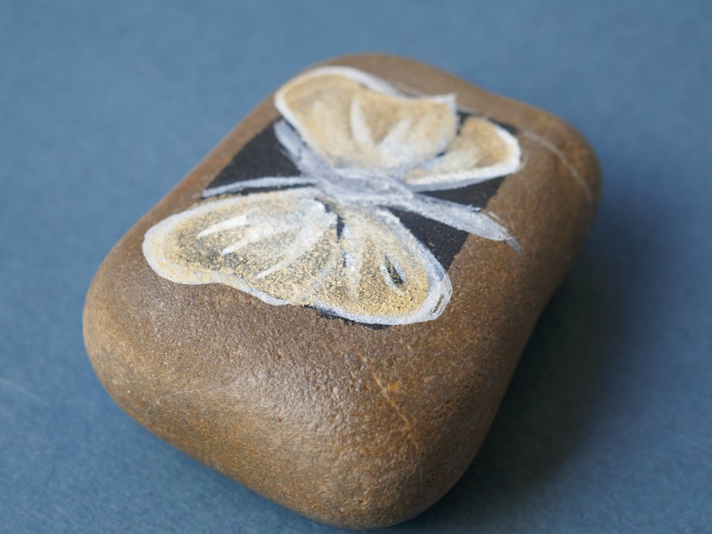 Painted Stone, Butterfly on Beach Stone, Golden Wings, Insect image 3
