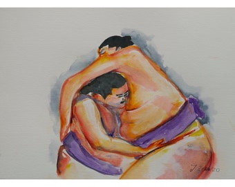 Watercolor Painting, Sumo Wrestling Japan, Male Sports