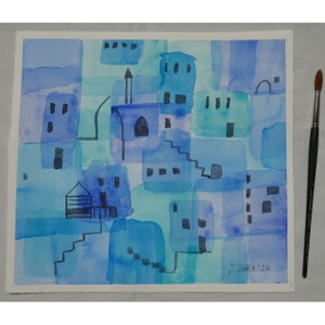 Acquerello piccola città blu, quadro astratto, città italiana