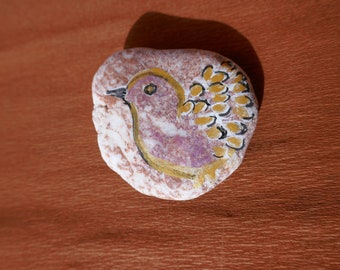 Painted River Stone, Bird With Goldon Pink Stone, Collectors Item,