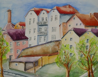 Large Watercolor, Cityscape of Inncity, Passau, Bavaria, Travel Art