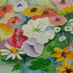 Watercolor Painting, Flowers, Colorful Art, Original signed. image 3
