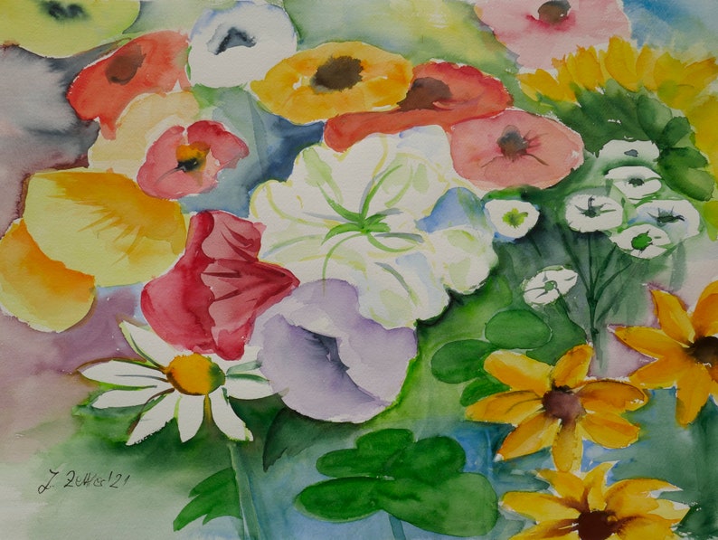 Watercolor Painting, Flowers, Colorful Art, Original signed. image 3