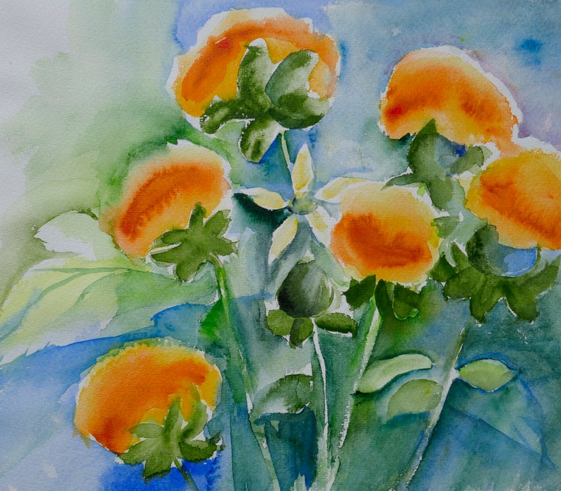 Watercolor Painting of Orange Thistles, Summerflowers image 2