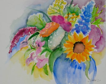 Original Watercolor, Bouquet of Flowers in Blue Vase,